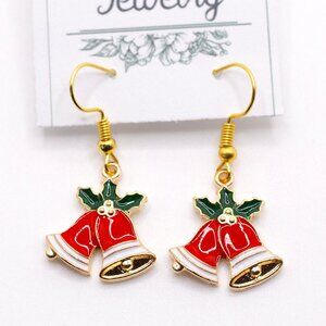 Handmade Jewelry Holiday Goldtone & Red Enamel Christmas Bells Earrings, New